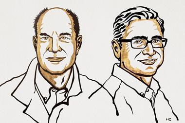 A gold and black line drawing of the two laureates. David Julius is a balding man with a mellow expression, Ardem Patapoutian is a man with wavy hair wearing glasses